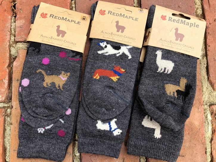 3 pairs of gray alpaca socks: cats, dogs, alpacas