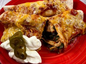 , Chili Spiced Chicken, Greens, and Golden Oyster Burritos