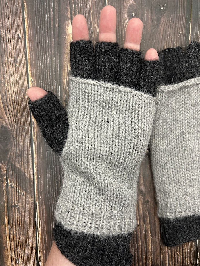 charcoal double layer alpaca gauntlets shown being worn