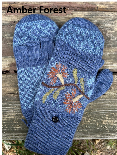 A pair of "amber forest" alpaca glittens with fleece lining, featuring a convertible mitten flap over fingerless gloves for extra warmth and versatility.