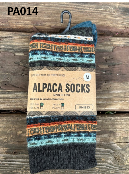 PA014 Pair of vibrant alpaca socks with colorful knit design, made from a blend of alpaca, acrylic, spandex, and nylon. USA designed, crafted in Peru, size medium fits most women.
