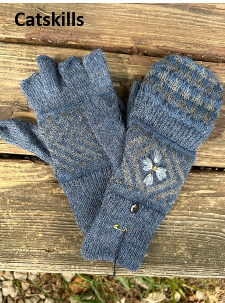 A pair of "catskills" alpaca glittens with fleece lining, featuring a convertible mitten flap over fingerless gloves for extra warmth and versatility.
