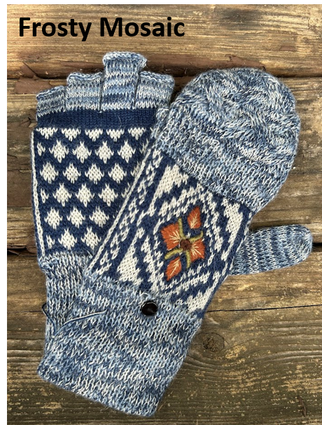 A pair of "frosty mosaic" alpaca glittens with fleece lining, featuring a convertible mitten flap over fingerless gloves for extra warmth and versatility.