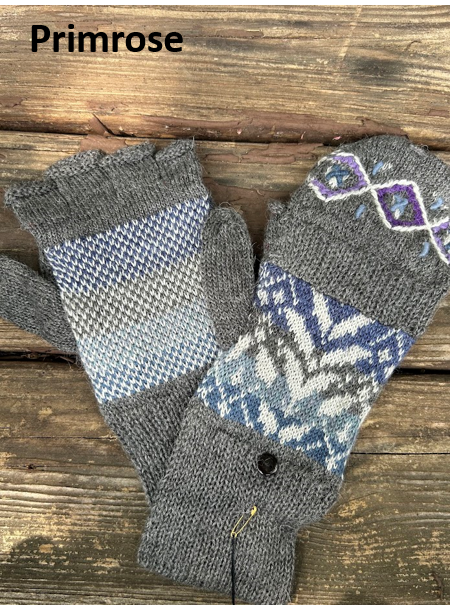 A pair of "primrose" alpaca glittens with fleece lining, featuring a convertible mitten flap over fingerless gloves for extra warmth and versatility.