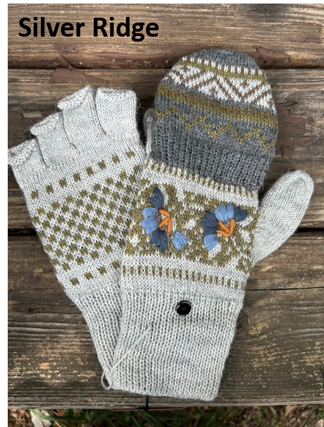 A pair of "silver ridge" alpaca glittens with fleece lining, featuring a convertible mitten flap over fingerless gloves for extra warmth and versatility.