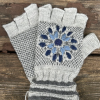 Close-up of knitted fingerless alpaca gloves, highlighting the cozy texture and open-finger design.